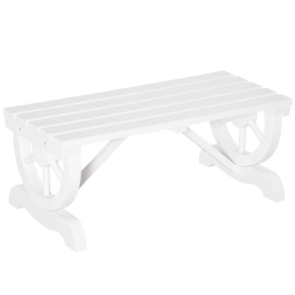 Outsunny 2-Person Wooden Garden Bench, Outdoor Wagon Wheel Porch Bench for Backyard Garden, Support 550 LBS, Rustic Country Style, White