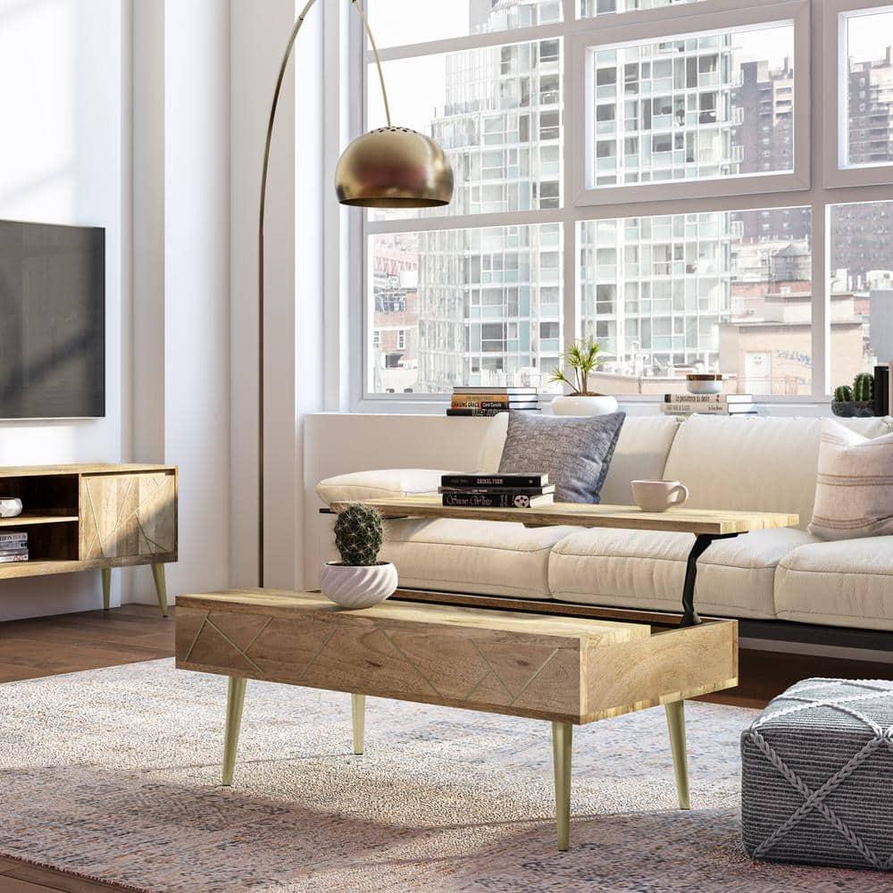 Simpli Home Jager 48"W Solid Mango Wood Contemporary Modern Lift Top Coffee Table with Hidden Storage and Geometric Brass Inlay