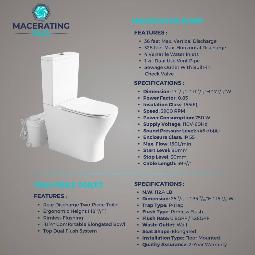 MaceratingFlo ARES 750W Upflush Toilet System, Elongated Bowl & 18" Comfort Height, 4-Inlet Ideal for Basements, Quiet & Efficient Macerator Pump Up to 36 Feet, Easy Installation