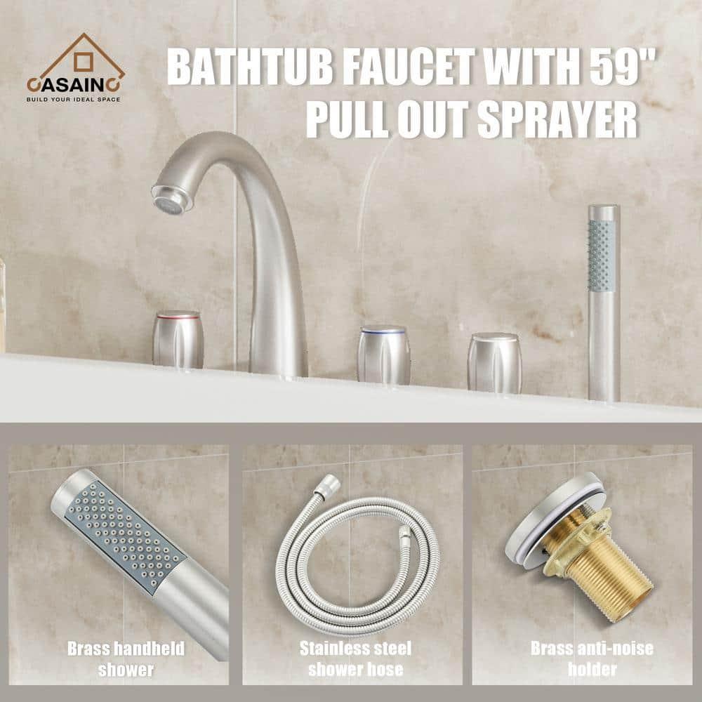 Brushed Nickel 3-Handle Deck Mount Roman Tub Faucet with Hand Shower