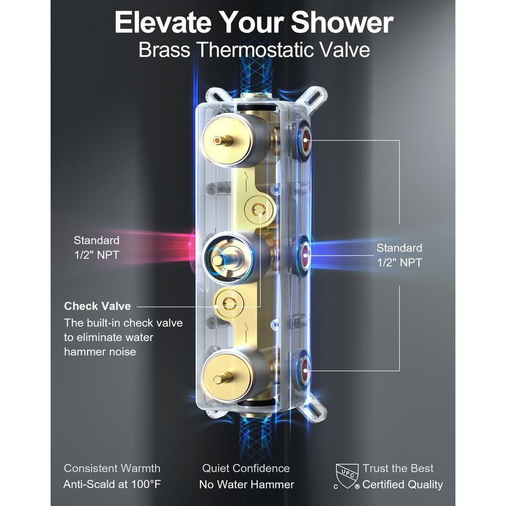 Thermostatic Dual Heads with 12" Rain Shower Faucet, Hand Shower and 3 Body Jets Matte Black