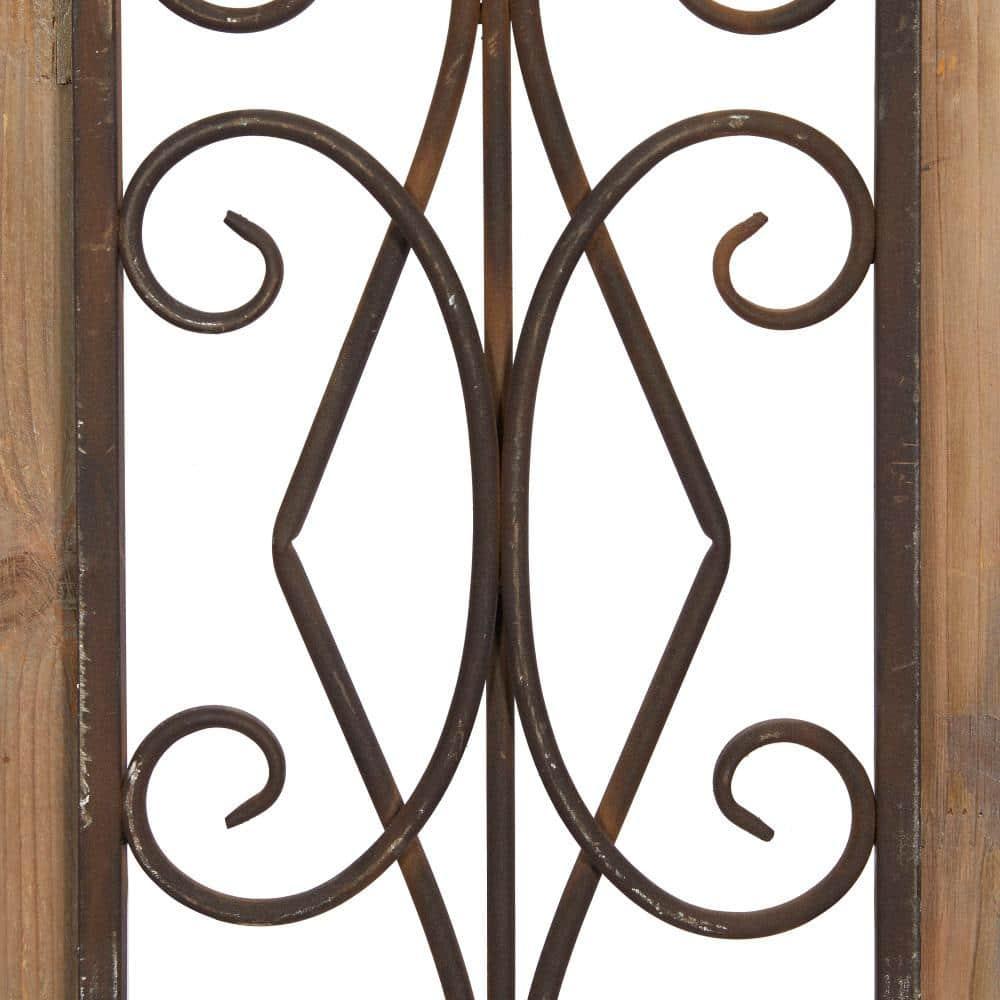 Deco 79 Wood Scroll Home Wall Decor Window Inspired Wall Sculpture with Metal Scrollwork Relief, Wall Art 11" x 2" x 23", Brown