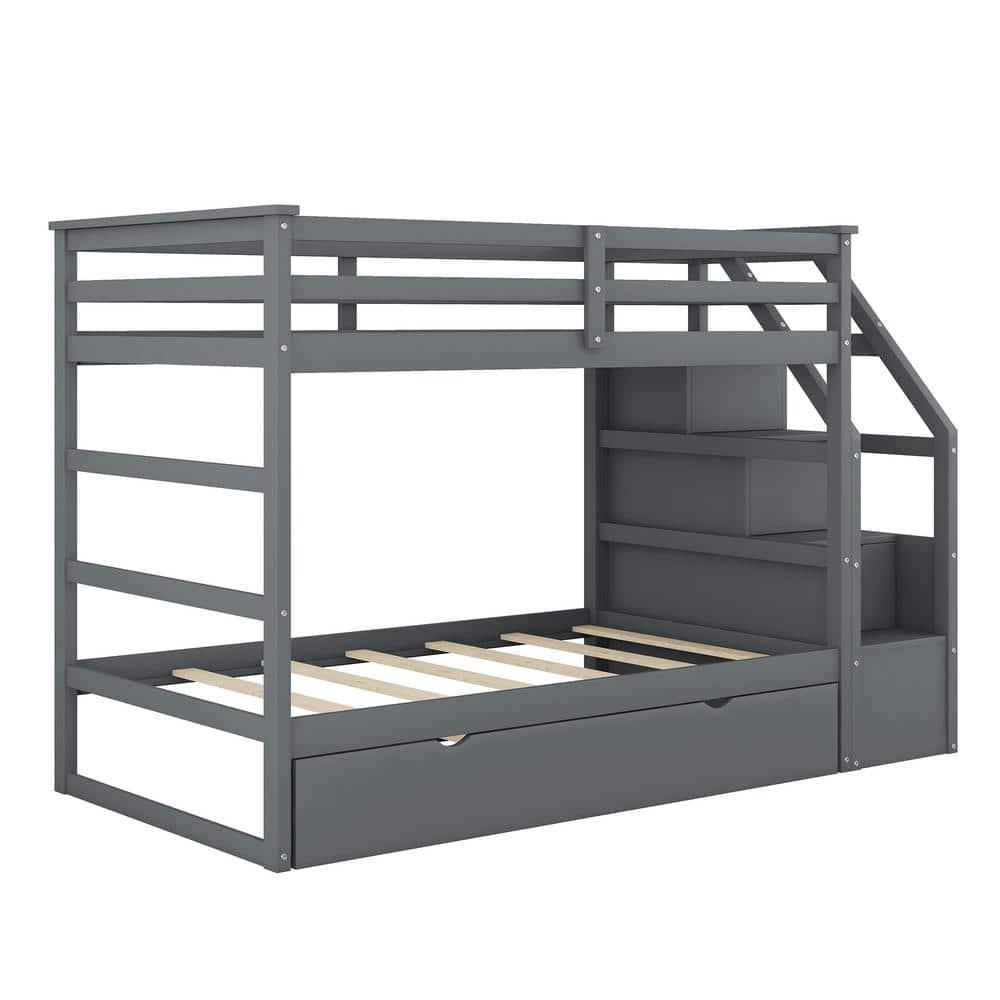 Gray Twin Over Twin Pine Wood Bunk Bed with Trundle and Storage Stairs