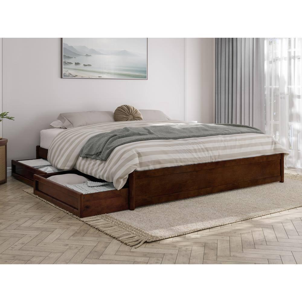 Barcelona King Solid Wood Panel Platform Bed with Storage Drawers in Walnut