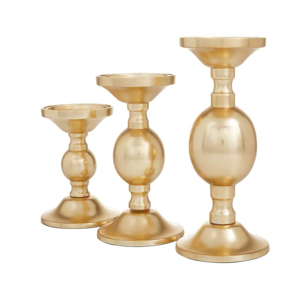 Deco 79 Aluminum Metal Decorative Candle Holder Pillar Candle Stand, Set of 3 Candlestick Holder 10", 8", 6"H, Gold