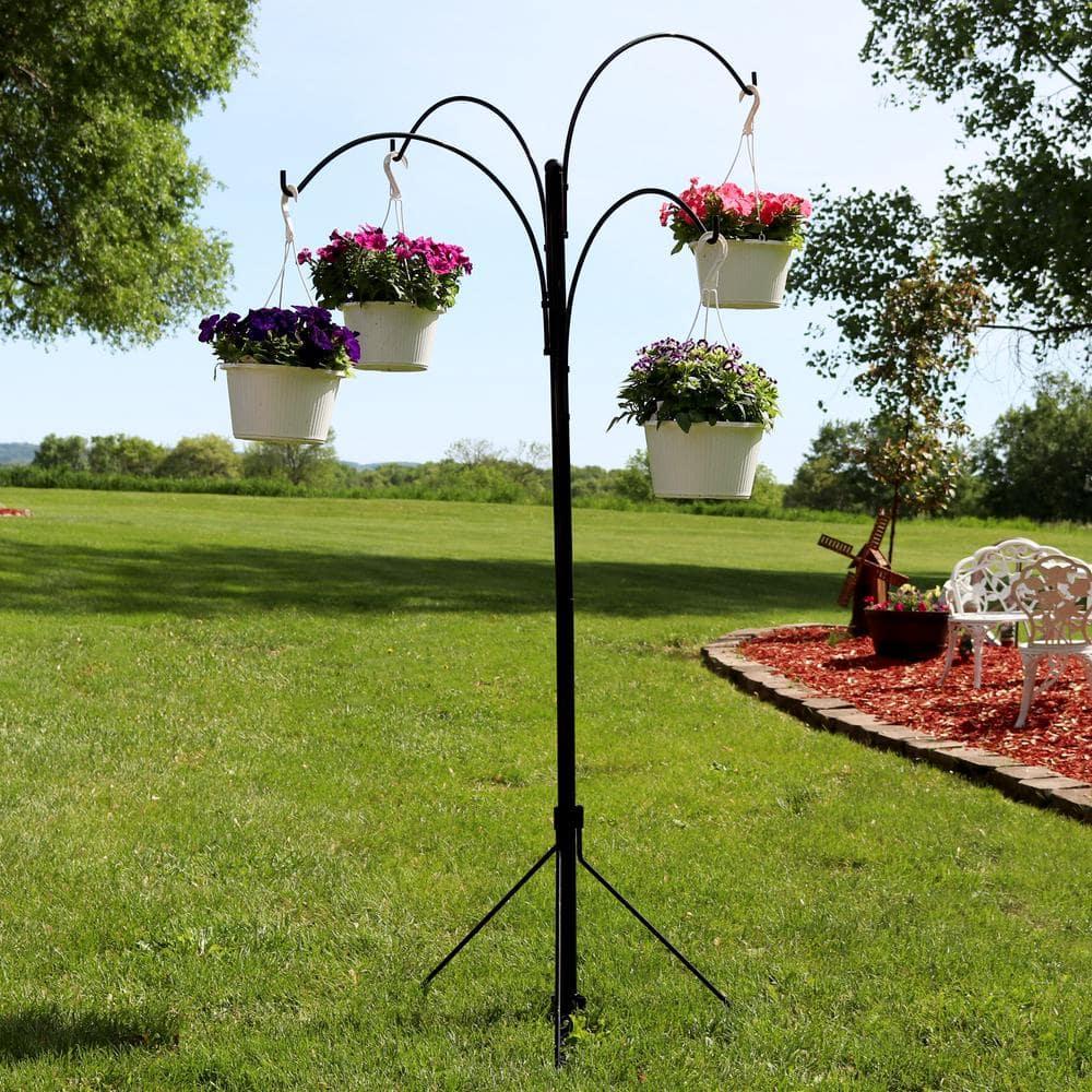 Sunnydaze 4-Arm Garden Hanging Basket Flower Plant Stand with Adjustable Arms - 84" - Black