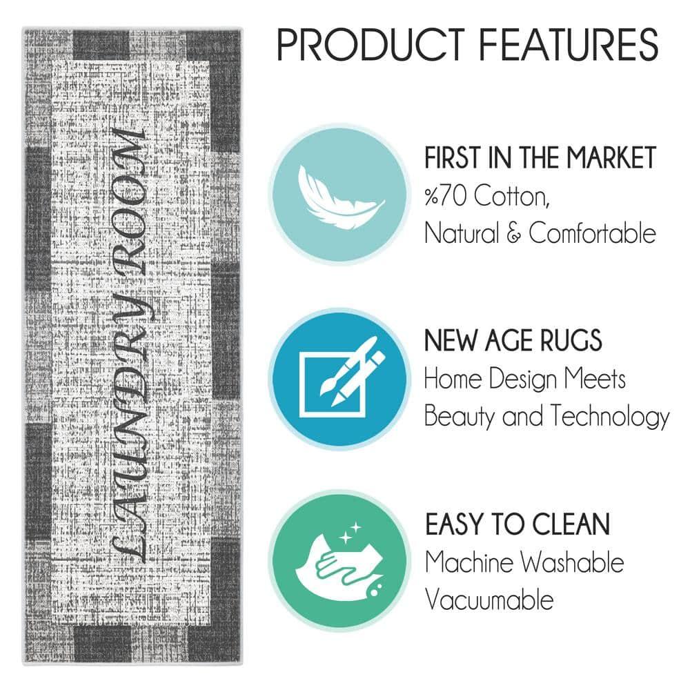 SUSSEXHOME Washable Indoor Laundry Room Rug Runner - 70 % Cotton Kitchen Floor Mat[Gray&White]