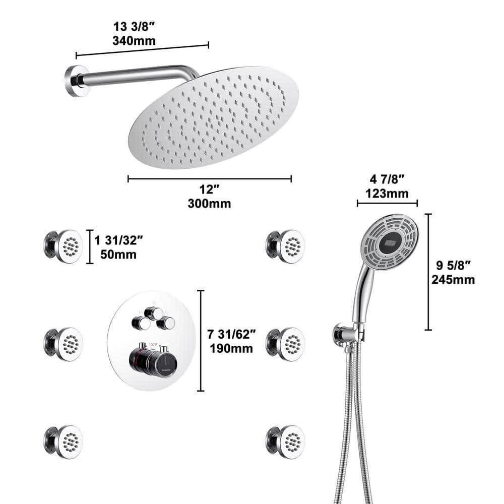 Thermostatic Rainfall Shower System with Rough in-Valve and Digital Display Handheld