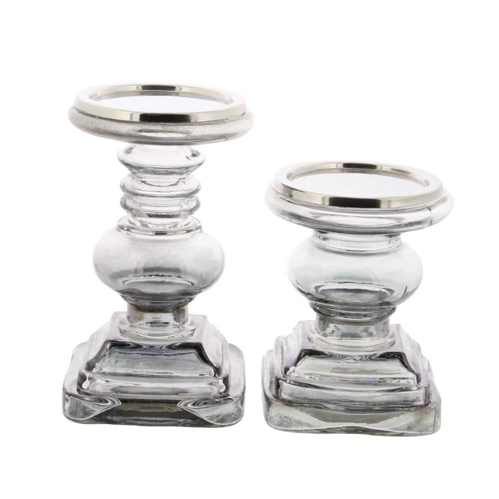 DecMode 2 Candle Silver Glass Handmade Turned Style Pillar Candle Holder, Set of 2