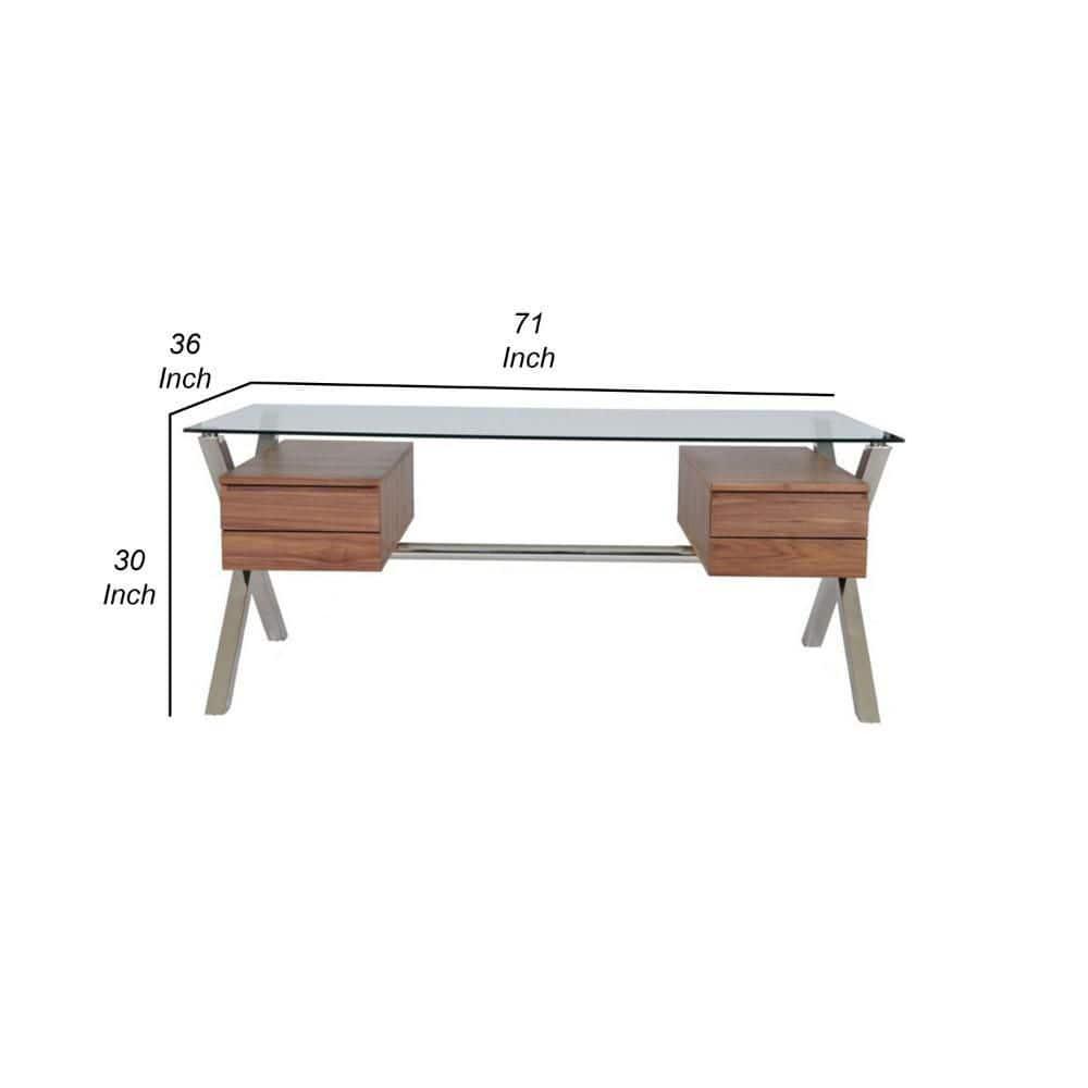 Benjara Tia 71 Inch Large Office Desk, Glass Tempered Top, 4 Drawers, Light Brown