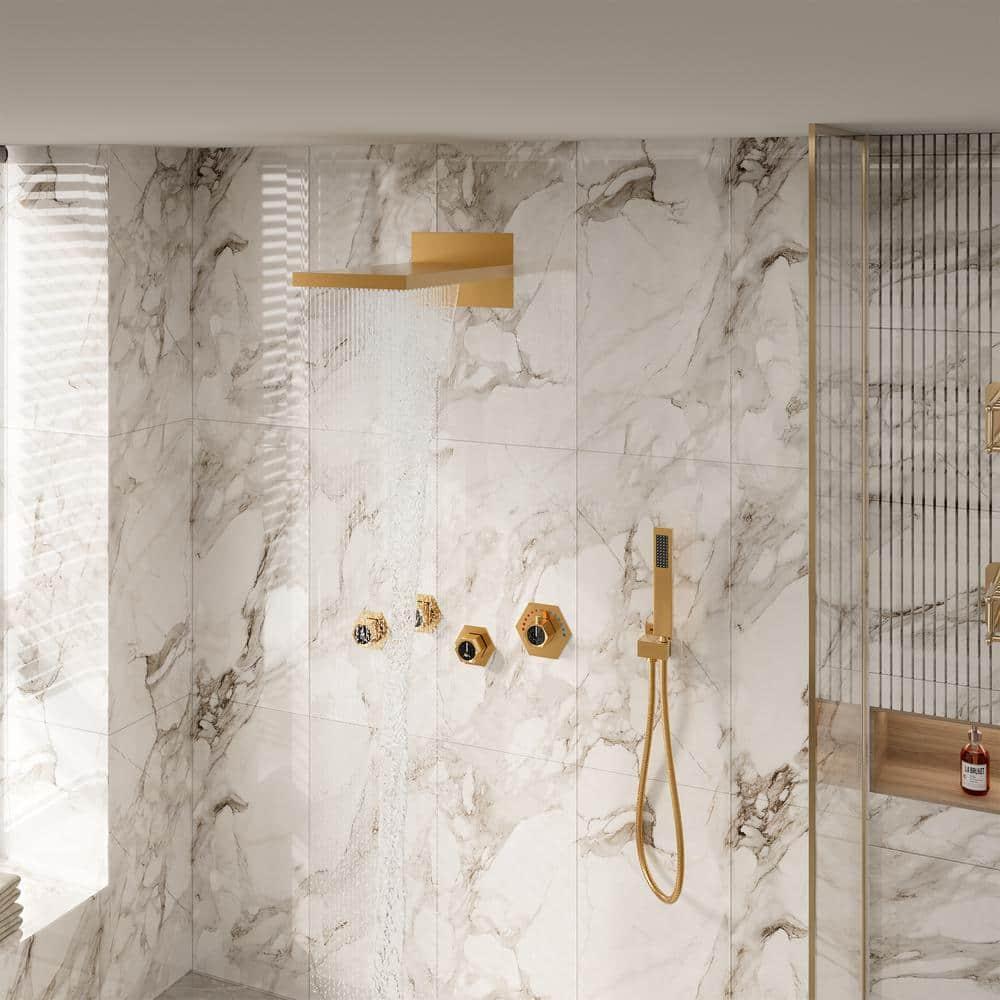 Large Brushed Gold Dual Shower Head System with LED and Bluetooth
