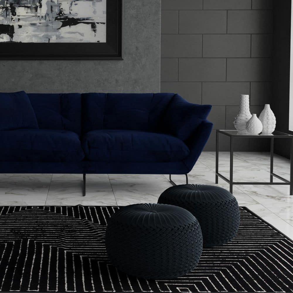 Simpli Home Grafton Transitional Round Pouf in Dark Blue Velvet Fabric