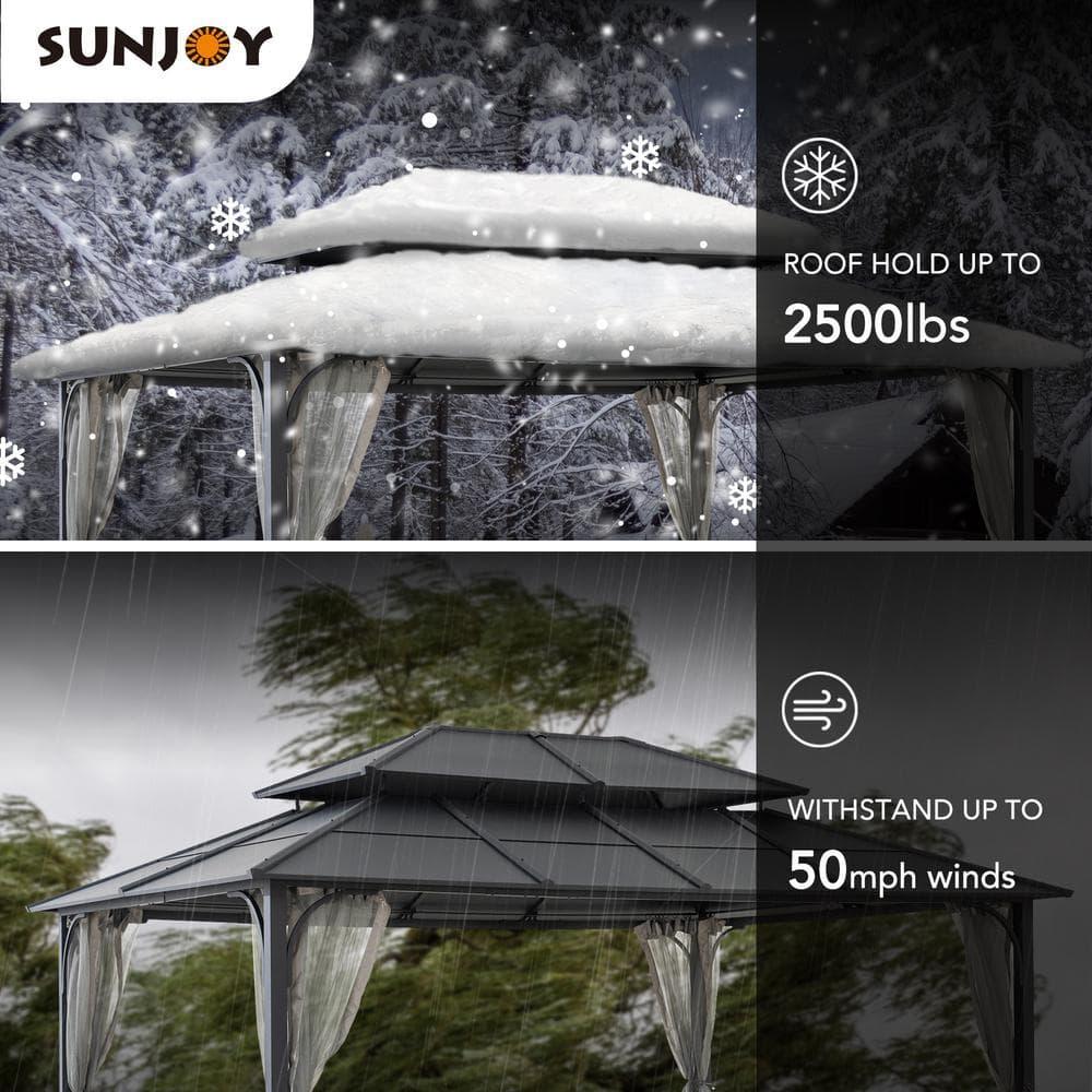 Sunjoy Sunjoy Hardtop Gazebo 12 x 16 ft. Outdoor Gazebo, Heavy Duty Steel Frame Gazebo, Double Tiered Metal Gazebo with Ceiling Hook and Removable Netting Sidewalls