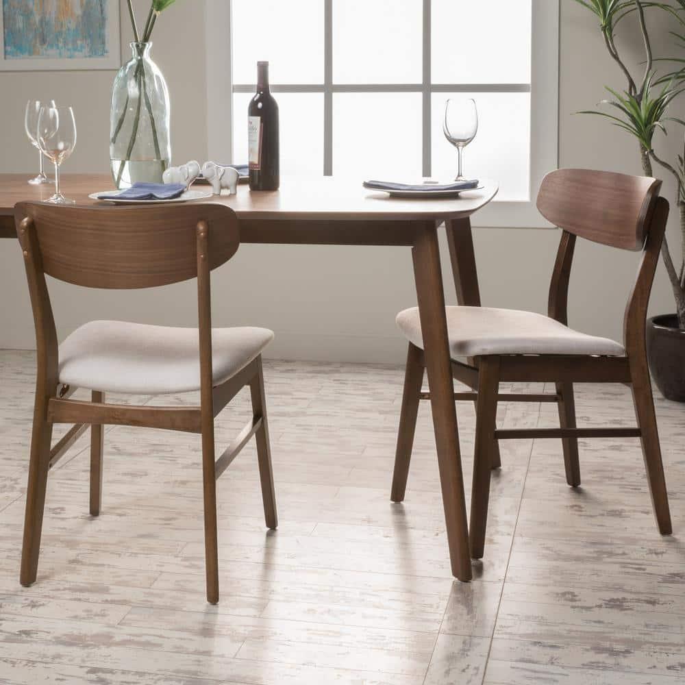 Emmeline High-Back Ladderback Light Beige Fabric Dining Chairs, Walnut Finish - Set of 2