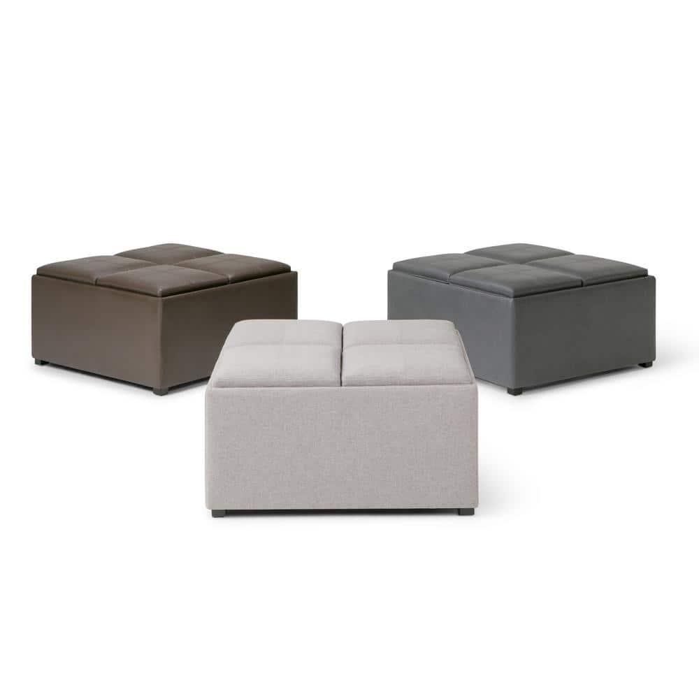 Simpli Home Avalon 35"W Upholstered Square Coffee Table Storage Ottoman with Flip-Over Trays