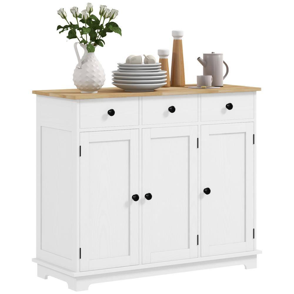 HOMCOM Kitchen Storage Cabinet, Sideboard Floor Cupboard with Solid Wood Top, Adjustable Shelf, and 3 Drawers for Living Room, Distressed White