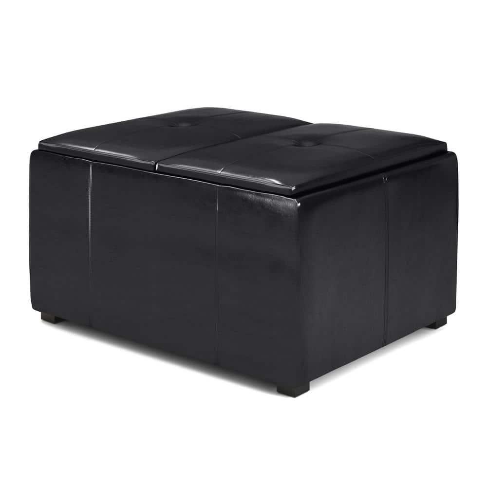 Simpli Home Avalon 34in.W Coffee Table Storage Ottoman in Midnight Black Faux Air Leather