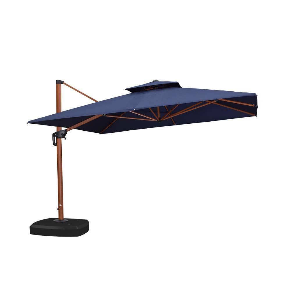 PURPLE LEAF 11FT Deluxe Square Wood Grain Patio Umbrella, Large Offset Cantilever Umbrella with 360° Rotation, Navy Blue
