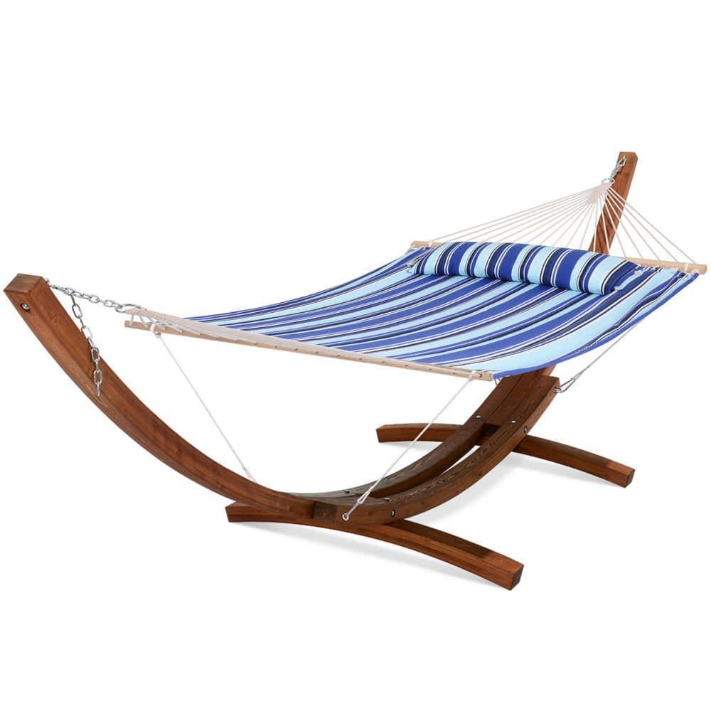 Sunnydaze Quilted Double Fabric 2-Person Hammock with Curved Arc Wood Stand - 400 lb Weight Capacity/13' Stand - Catalina Beach