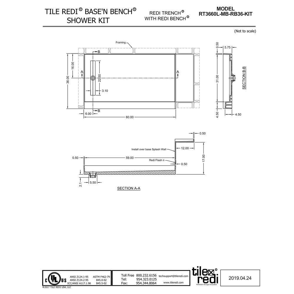 Tile Redi Rt3660l-Rb36-Kit Base'n Bench 72" X 36" Rectangular Shower Base - Grey w/ Matte
