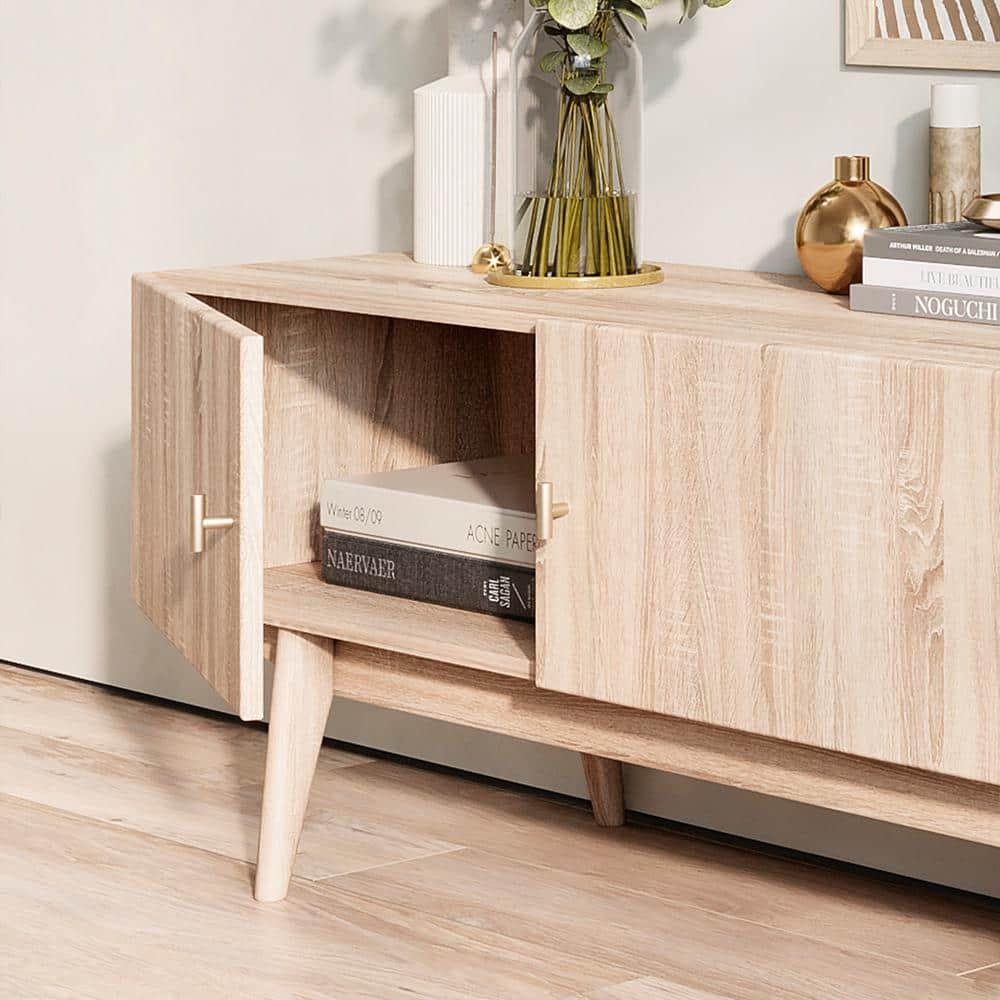 Living Skog  Chelsea Brown TV Stand Fits for TV's up to 65 in. with Slatted Design and Wood Legs Beige Matte Laminate, MDF