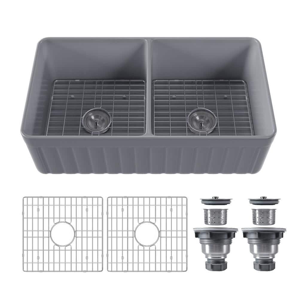 DeerValley Nova 33" L x 18" W Double Bowl Fireclay Farmhouse Kitchen Sink with Sink Grid and Basket Strainer DV-1K0041