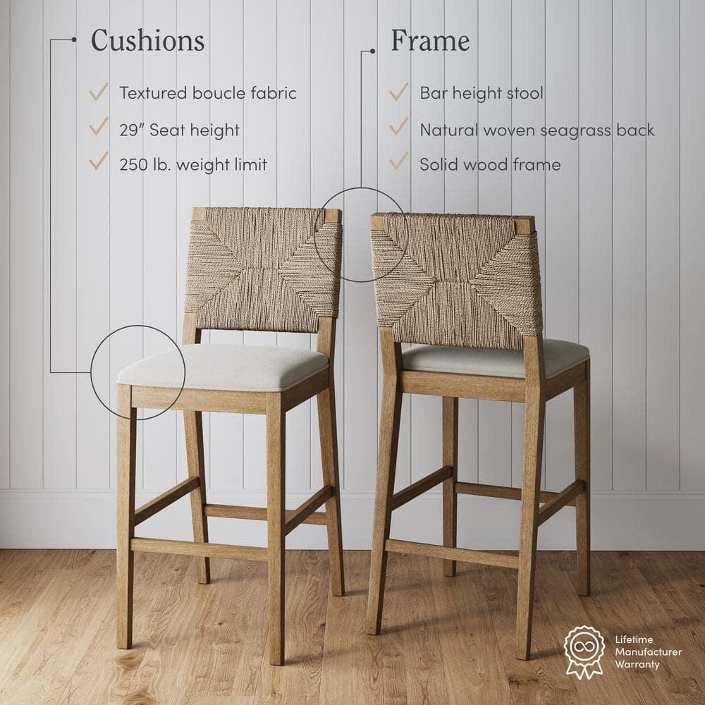 Nathan James Beacon Bohemian Boucle Bar Stool with Back, Bar Height Kitchen Island Chair, Seagrass Bar Stool, Cream Boucle/Brushed Light Brown, Set of 2
