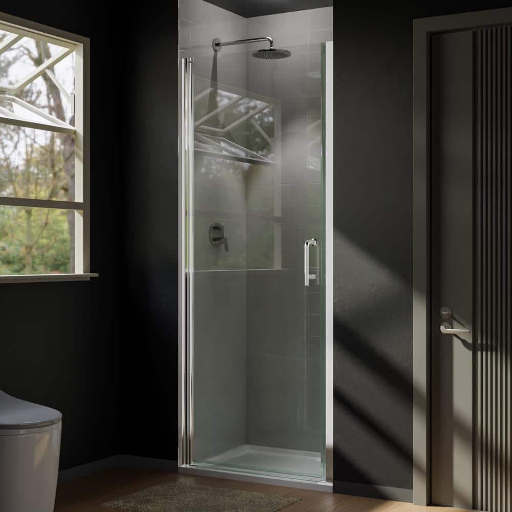 37-3/8 In Semi-Frameless Pivot Shower Door in Chrome With Clear Glass
