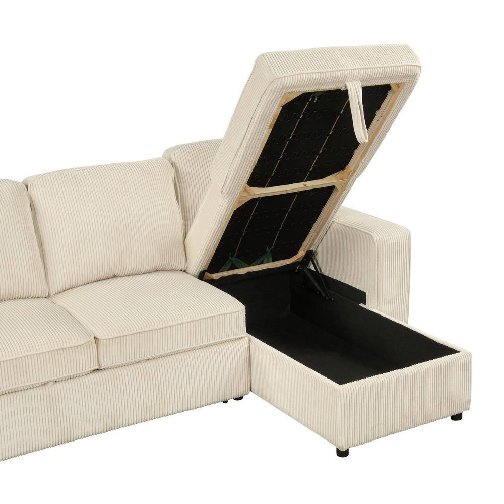 HOMES: Inside + Out Paeke Sleeper Sectional Sofa Corduroy with Storage Chaise and Reversible Beige
