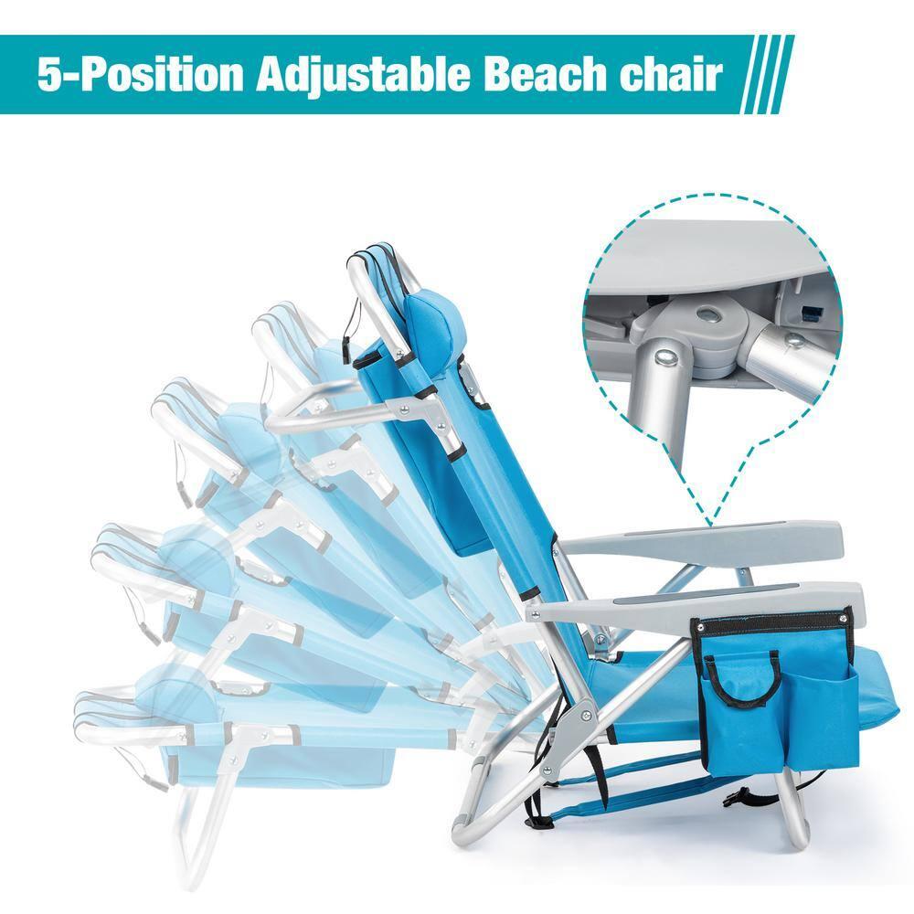 Tcbosik Reclining Beach Chair, 5-Position Adjustable Lay Flat Lounge Chair for Adults, Portable Folding with Cooler Pouch, Camping Chair for Outdoor, Blue