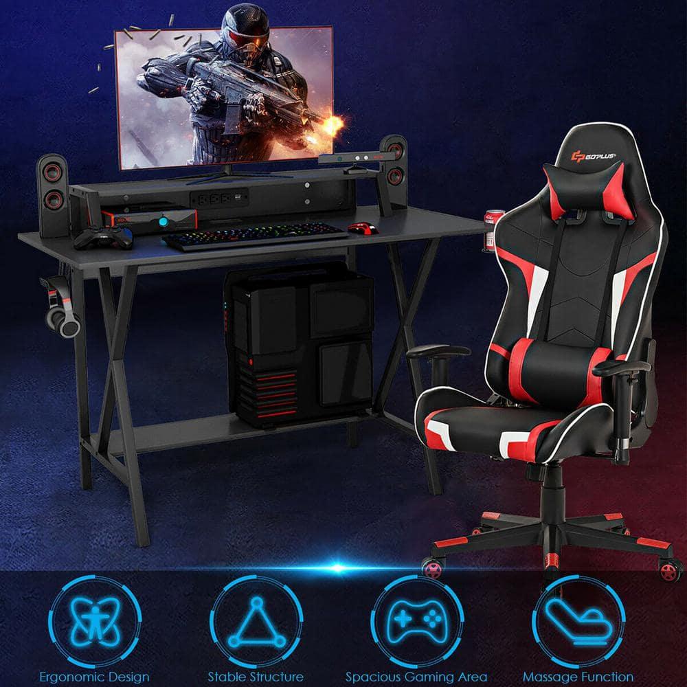 Goplus Gaming Computer Desk&Massage Gaming Chair Set w/Monitor Shelf Power Strip Red