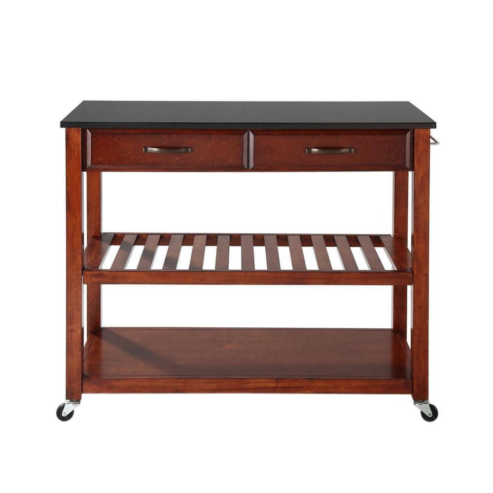 Crosley Solid Black Granite Top Kitchen Cart/Island with Optional Stool Storage Classic Cherry: Modern Rolling Furniture with Storage, 2 Shelves