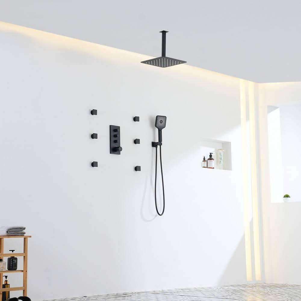 3 Functions 12 Inch Ceiling Mounted Thermostatic Shower System with 6 Body Jets