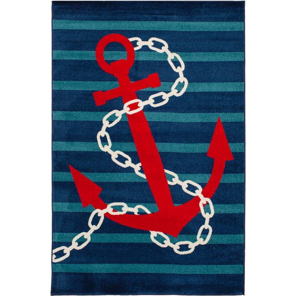 Sapphire & Coral Anchored Stripes 114"x79" Synthetic Area Rug