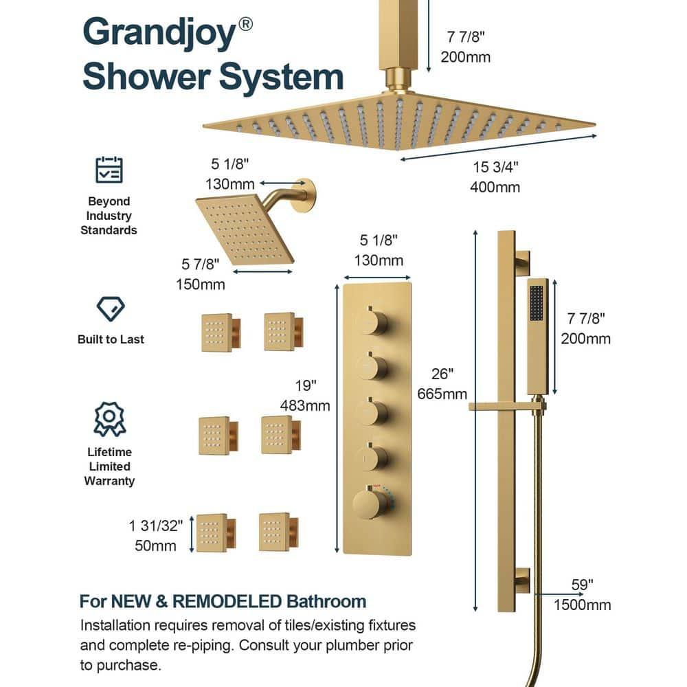 GRANDJOY 16 inch Complete Dual Shower Head System, Celling Mounted Shower Faucet Set with Hand Shower Head, Rough in-Valve, 6 Massage Body Jets - Brushed Gold