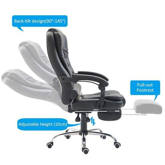 HOMCOM Executive Office Chair with Footrest and Lumbar Support, PU Leather Office Desk Chair, Ergonomic, Reclining and Swivel Chair, Black