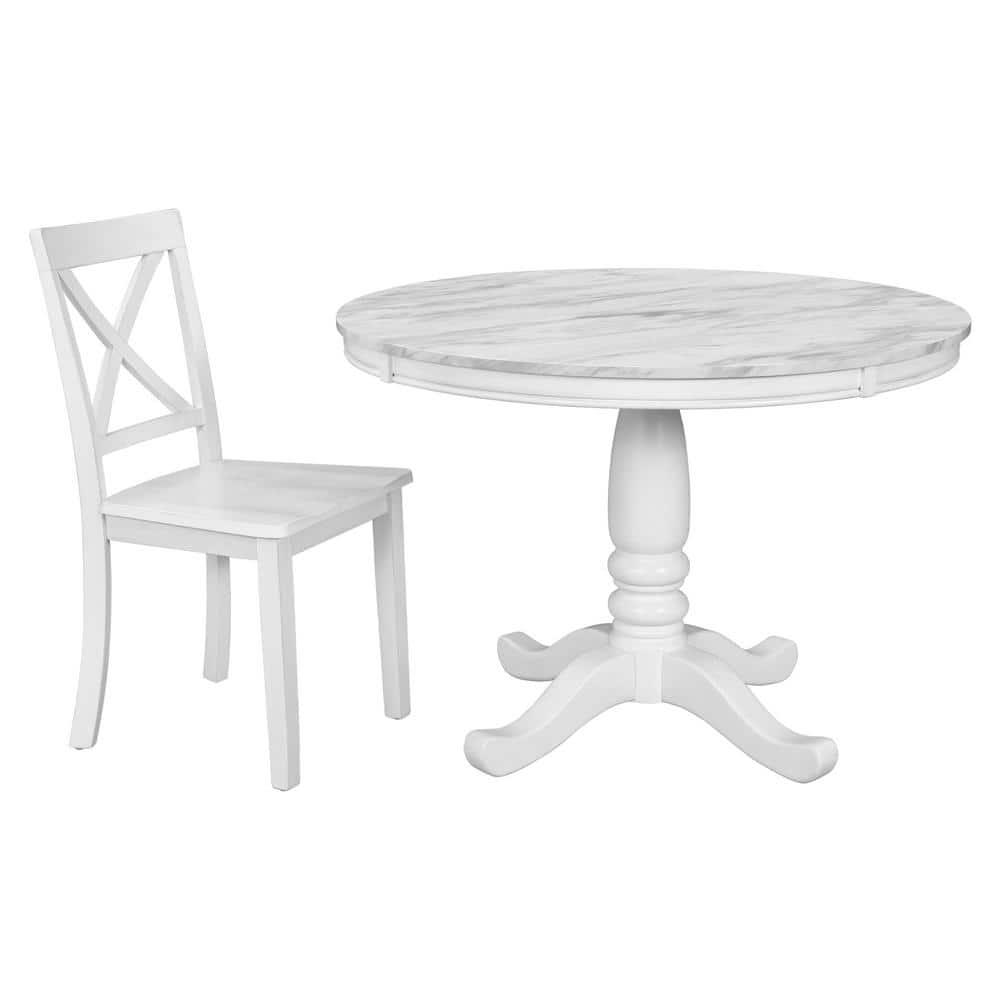 5 Pieces Dining Sets with Round Marble Top Table and 4 Chairs, Fashion Home Kitchen Table and Chairs Set for 4 Persons, Simple Dining Table Set, Steady and Durable, White