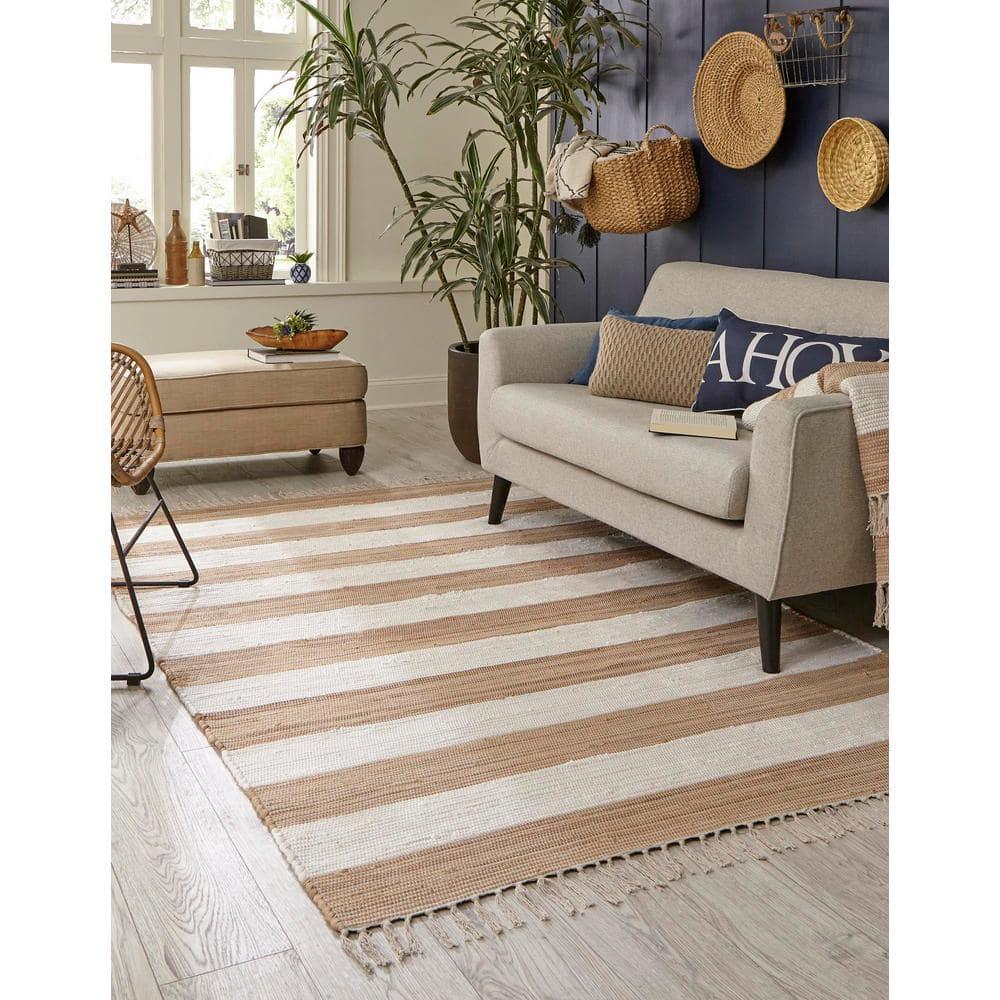Unique Loom Chindi Rag Collection Area Rug - Striped (12' 2" x 16' 1" Rectangle Beige/Ivory)