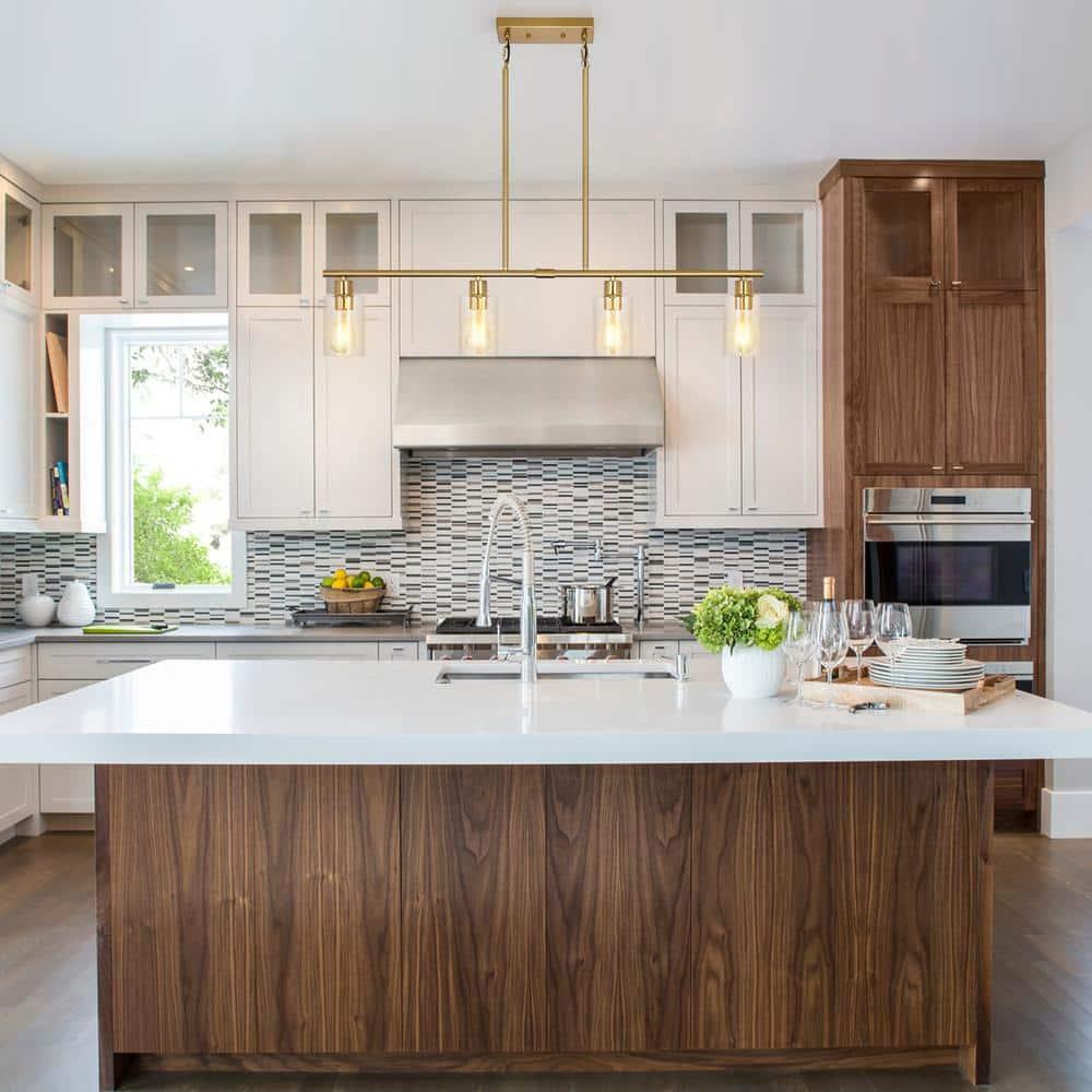 Modern Gold Kitchen Island Chandelier 4-Light Brushed Brass Farmhouse Pendant Light Industrial Kitchen Island Lighting Fixture with Glass Shades Hanging Lamp for Dining Living Room