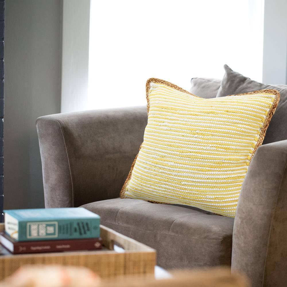 Ox Bay Ringo 20" x 20" Golden Yellow/White Jute Bordered Striped Cotton Adult Decorative Throw Pillow