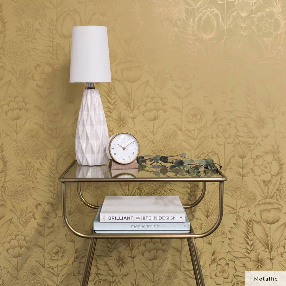 Tempaper & Co. Homestead Floral Removable Peel and Stick Wallpaper, Metallic Marigold, 28 sq. ft.: Vinyl, Self-Adhesive, Washable