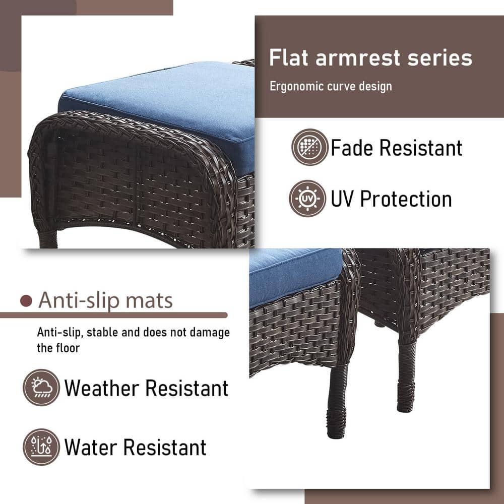 Flat Armrest Series Brown Wicker Outdoor Patio Ottoman with CushionGuard Blue Cushions (2-Pack)
