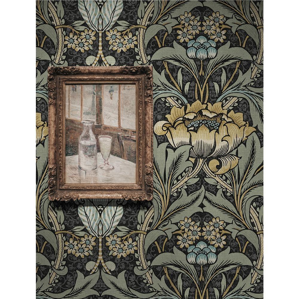 Seabrook Designs  Acanthus Floral Prepasted Wallpaper 20.5 in. W x 33 ft. L - Charcoal & Goldenrod