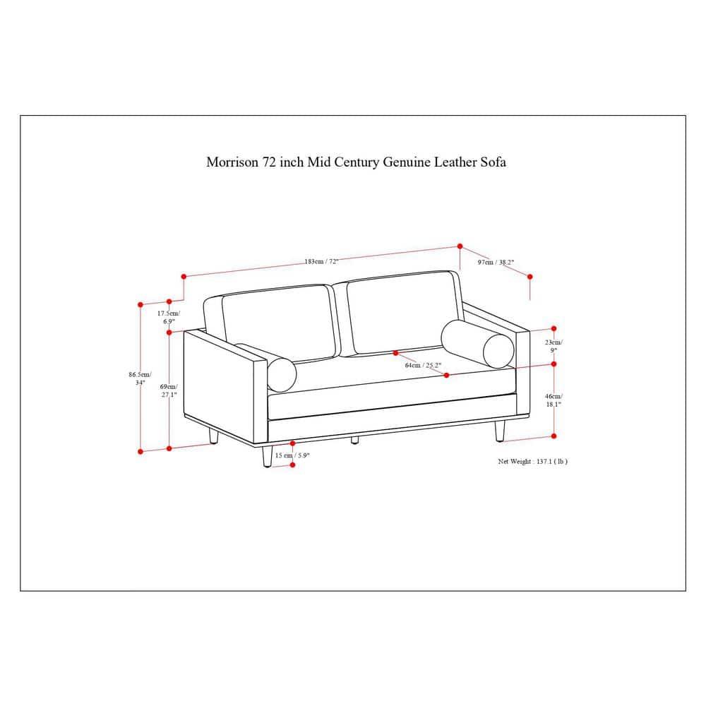 Simpli Home Morrison Genuine Leather Sofa, Mid-Century Modern Couch for Living Room, Handcrafted with Removable Cushions