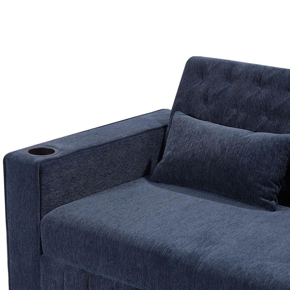 Blue Chenille Tufted Twin Sleeper Sofa with Cup Holder