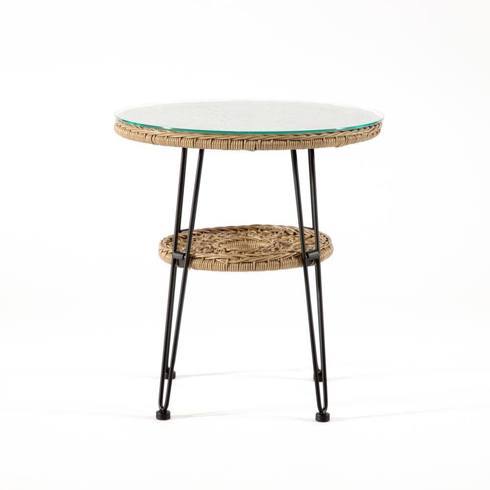 Furniture of America Noma Round 1-Shelf Metal and Rattan Natural Coffee Table with Glass Top