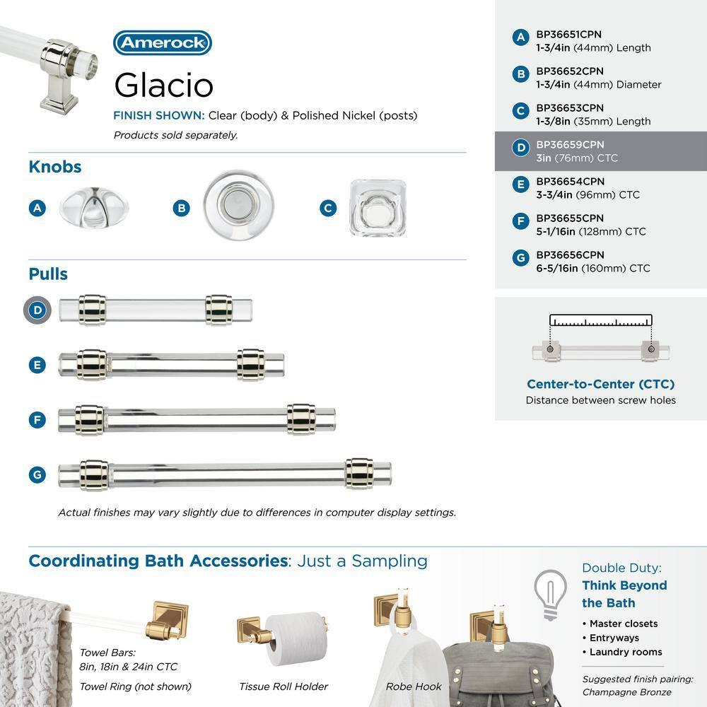 Amerock Glacio 3 inch (76mm) Center-to-Center Clear/Polished Nickel Cabinet Pull