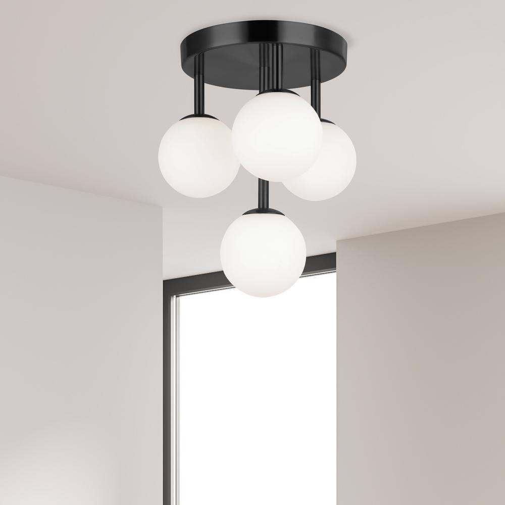 11 in. Megallan 4 Light Flush Mount, Matte Black with White Opal Glass