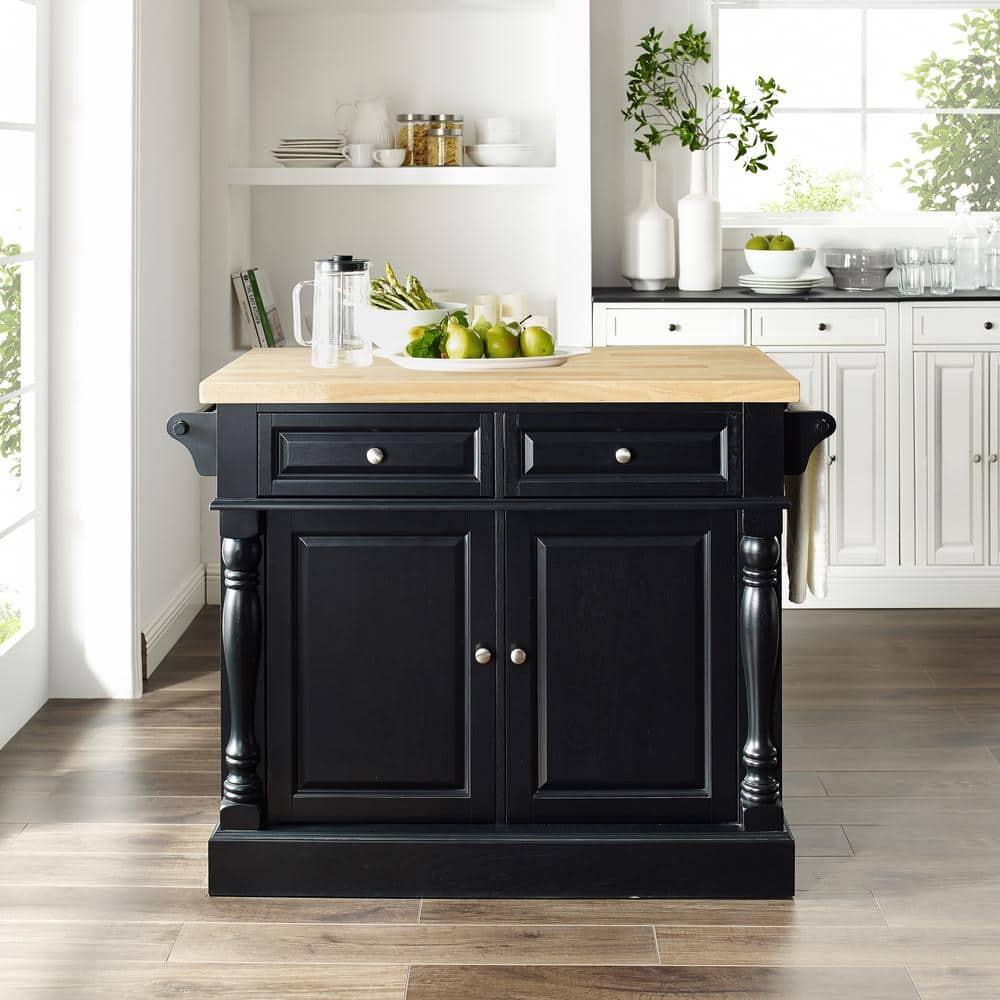 Oxford Butcher Block Kitchen Island Black - Crosley: Rolling Cart with Storage, Adjustable Shelves, Towel Bar