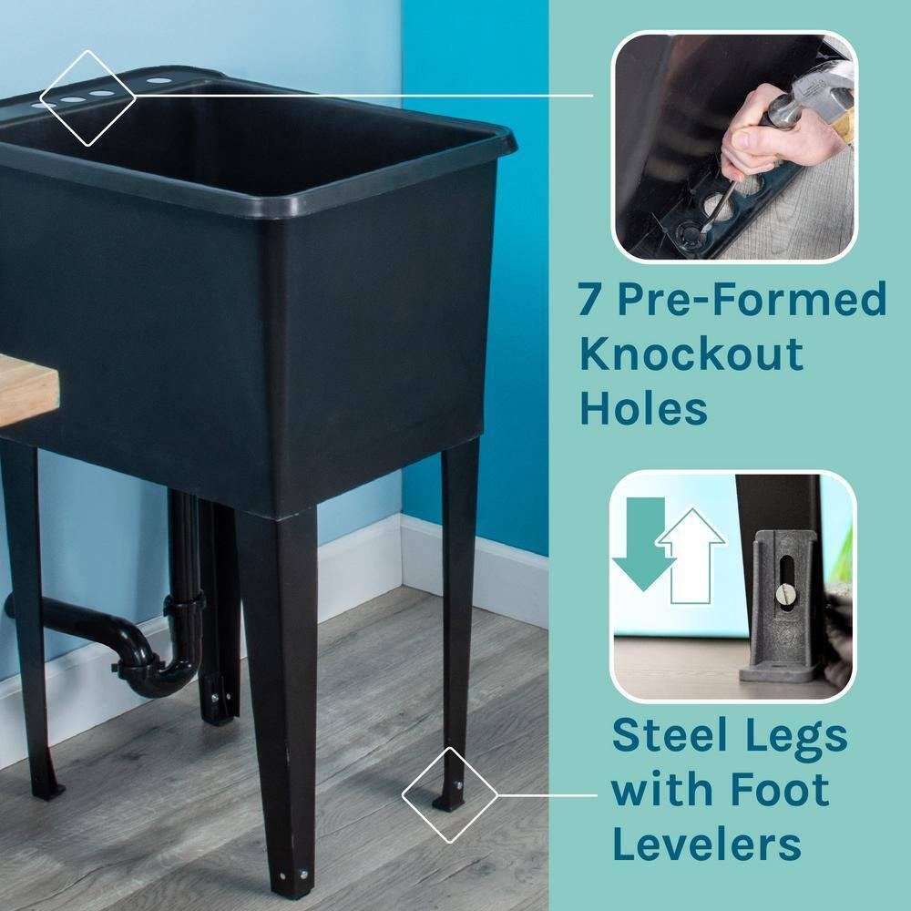 TEHILA Space Saver 16 Gallon Black Utility Sink with Chrome Finish Faucet & Side-Sprayer